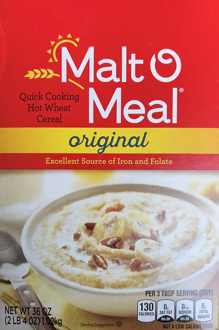 Box of Malt-O-Meal Original Hot Wheat Cereal. Red and yellow packaging showing product name, description as 'Quick Cooking Hot Wheat Cereal', and a bowl of prepared cereal with nuts. Nutritional info listed.